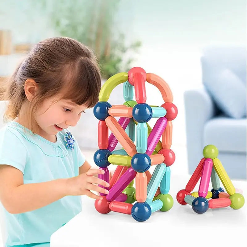 Blocos de Construção Magnéticos 3D – Brinquedo Educativo com Ímãs, Varas e Bolas para Montagem - Criatividade Infantil