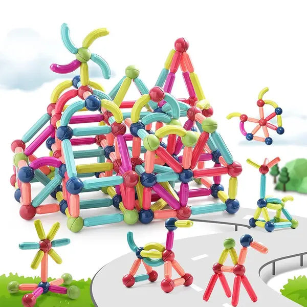 Blocos de Construção Magnéticos 3D – Brinquedo Educativo com Ímãs, Varas e Bolas para Montagem - Criatividade Infantil